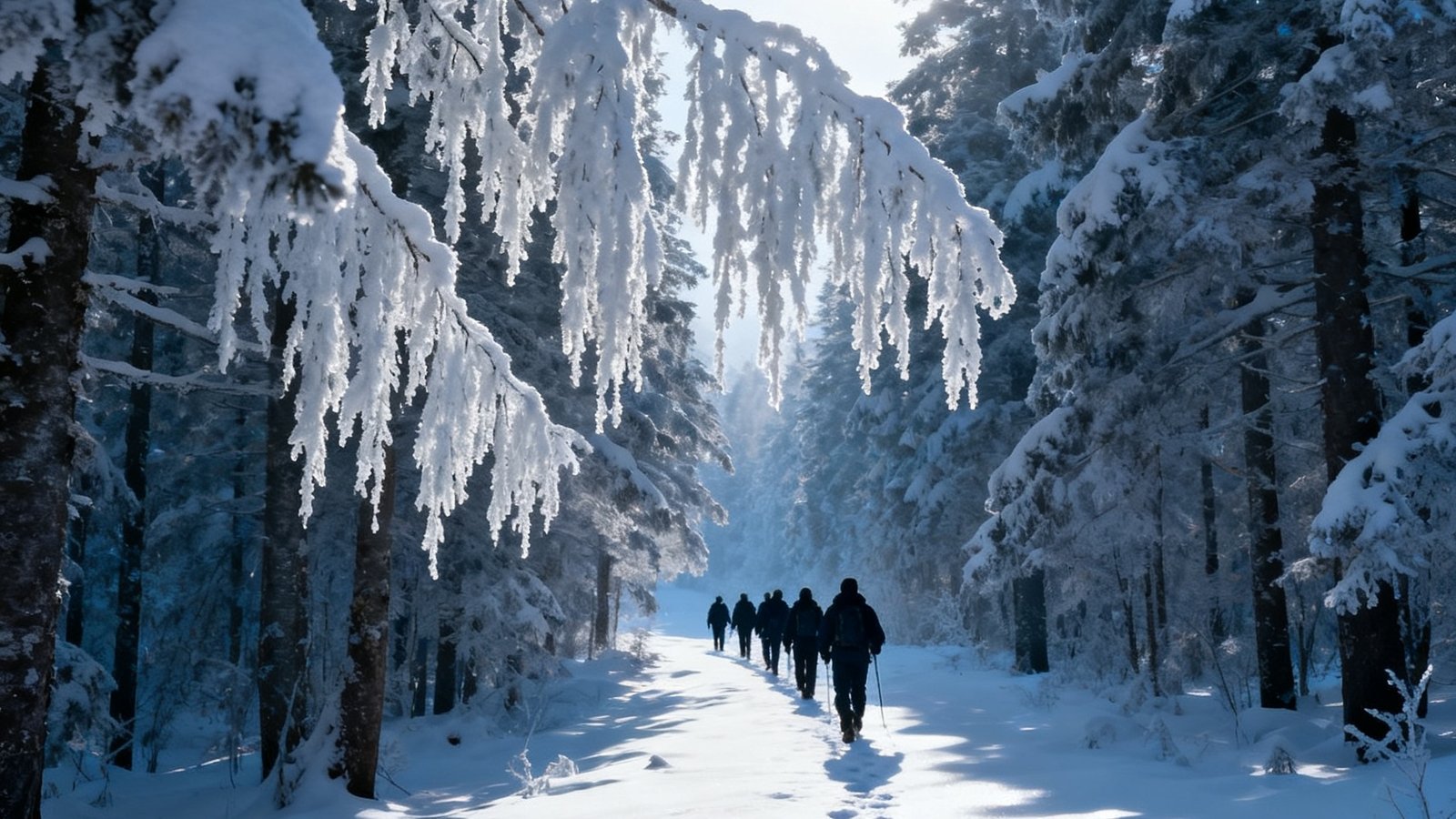 冬季长白山密林中的徒步队伍，脚印在雪地上延伸至远方，两侧是挂满雪凇的冷杉树