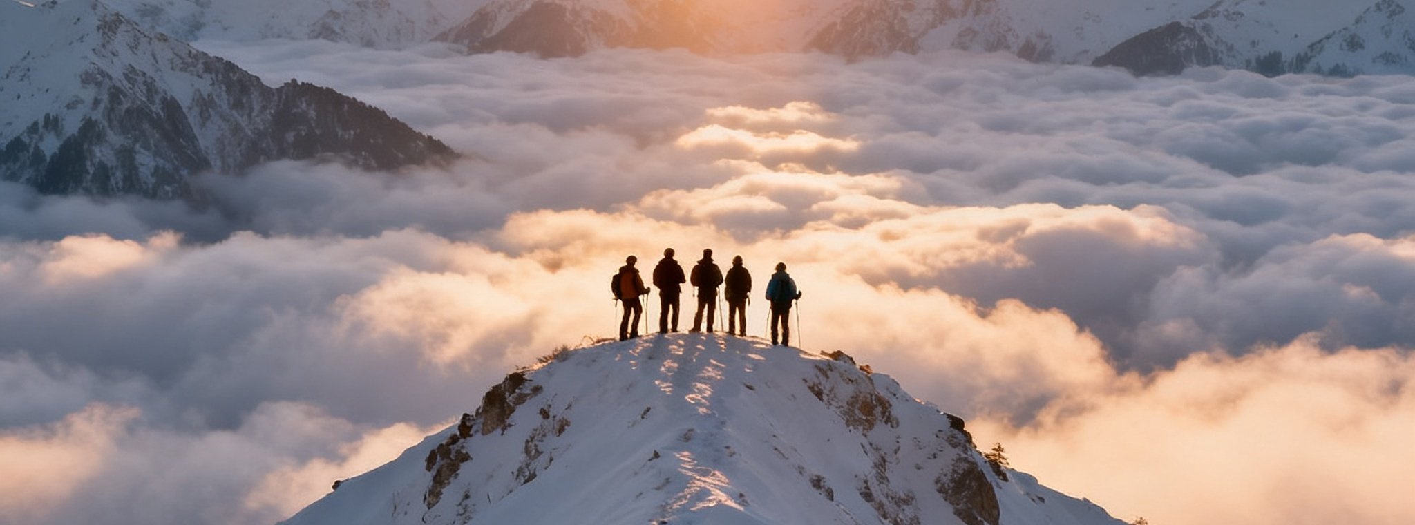 清晨阳光穿透云海洒在雪山峰顶，一队徒步者站在山脊上眺望远方连绵起伏的白色山脉，天空呈现渐变的橙粉色