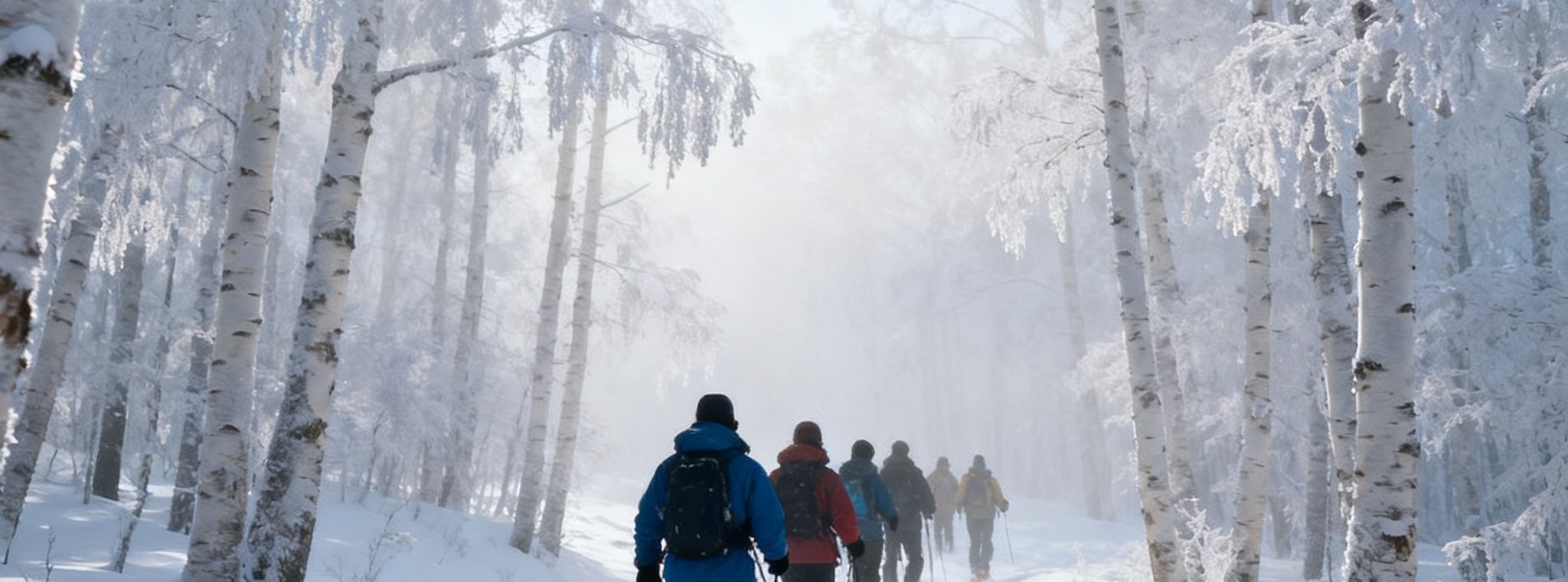 冬季长白山林海雪原中，一支穿着防寒服的队伍踩着雪鞋穿行在挂满雾凇的白桦林间，阳光透过冰晶闪烁