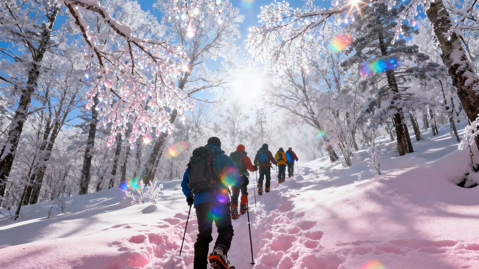 冬季长白山密林深处，徒步队伍穿着雪鞋在齐膝深的粉雪中开辟道路，树枝上挂满晶莹的雾凇，阳光透过冰晶折射出七彩光晕