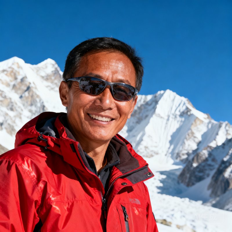 资深领队老周在雪山前微笑着看向镜头，他穿着红色冲锋衣，戴着太阳镜，皮肤因长期户外活动呈现健康的小麦色，身后是蔚蓝天空下的雪峰